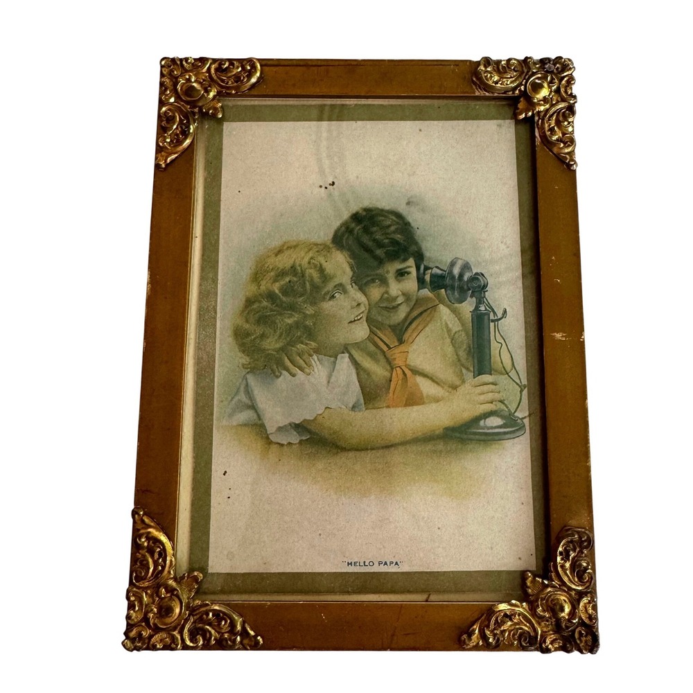 Vintage "Hello Papa" Children on Telephone Print in Ornate Gold Corner Frame